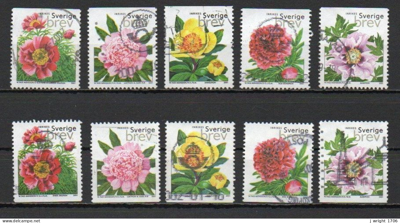 Sweden, 2001, Peonies, Set, USED - Gebruikt