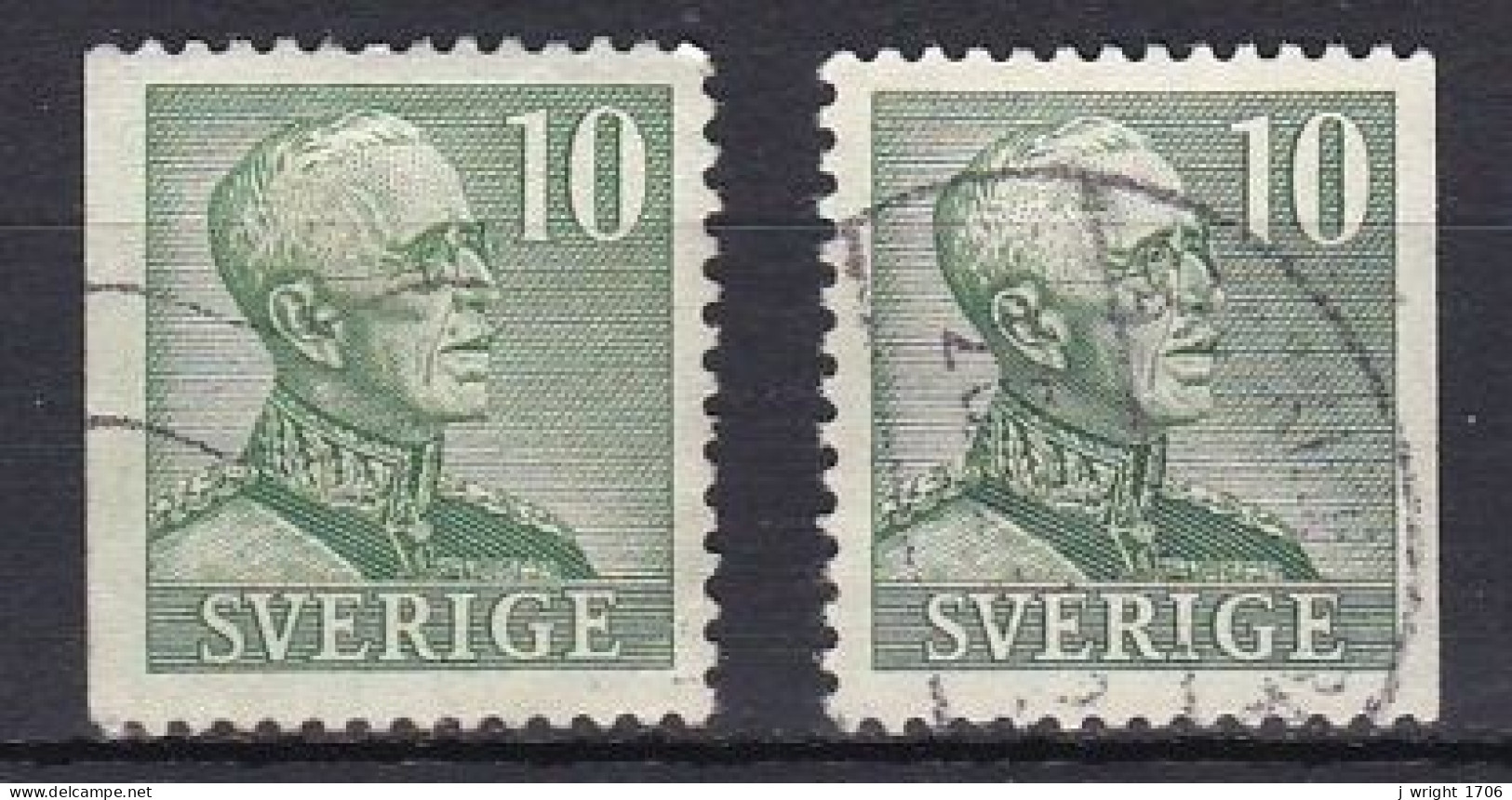 Sweden, 1948, King Gustaf V/Green, 10ö/2 X Perf 3 Sides, USED - Gebruikt