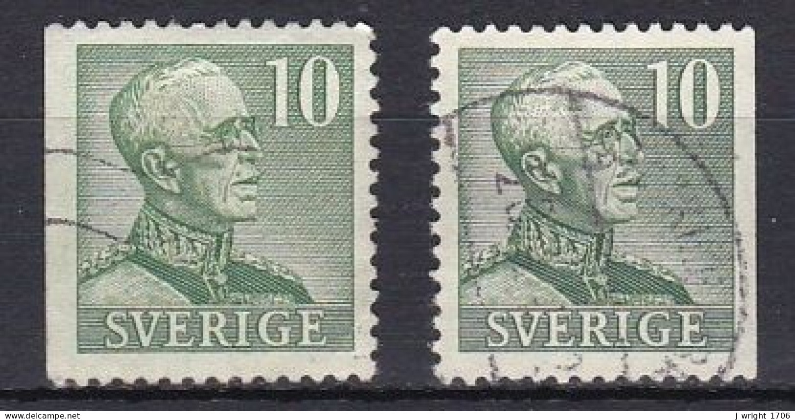 Sweden, 1948, King Gustaf V/Green, 10ö/2 X Perf 3 Sides, USED - Gebraucht