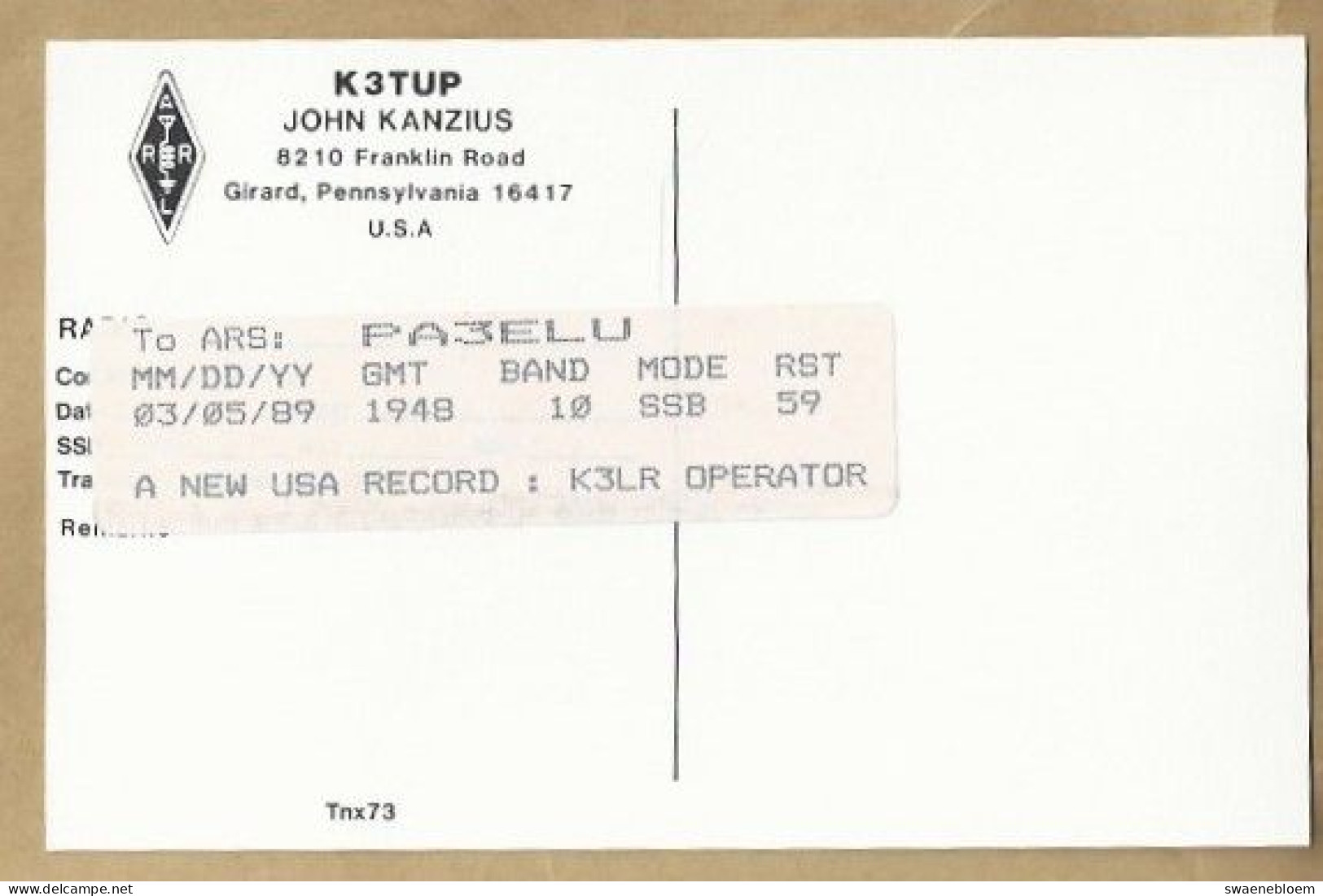 US.- QSL KAART. CARD. K3TUP. JOHN KANZIUS, GIRARD, PENNSYLVANIA. U.S.A.. To ARS: PA3ELU - Radio Amatoriale