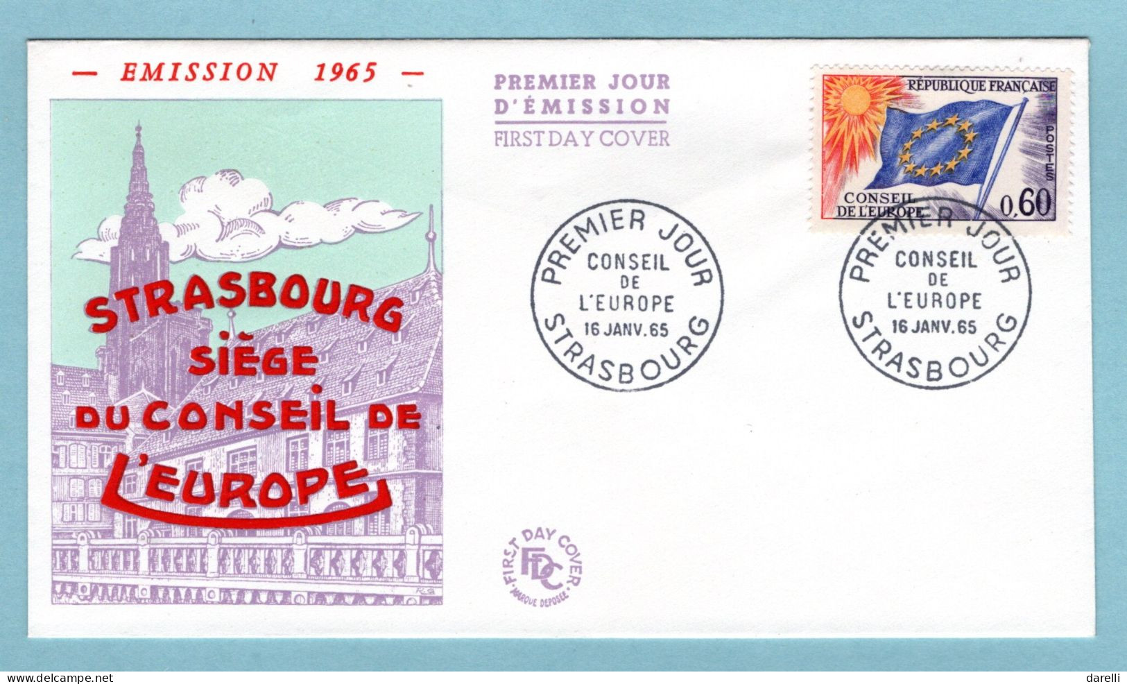 FDC France 1965 - Conseil De L’Europe 1965 - YT 34 - 0,60 Violet - Strasbourg - 1960-1969