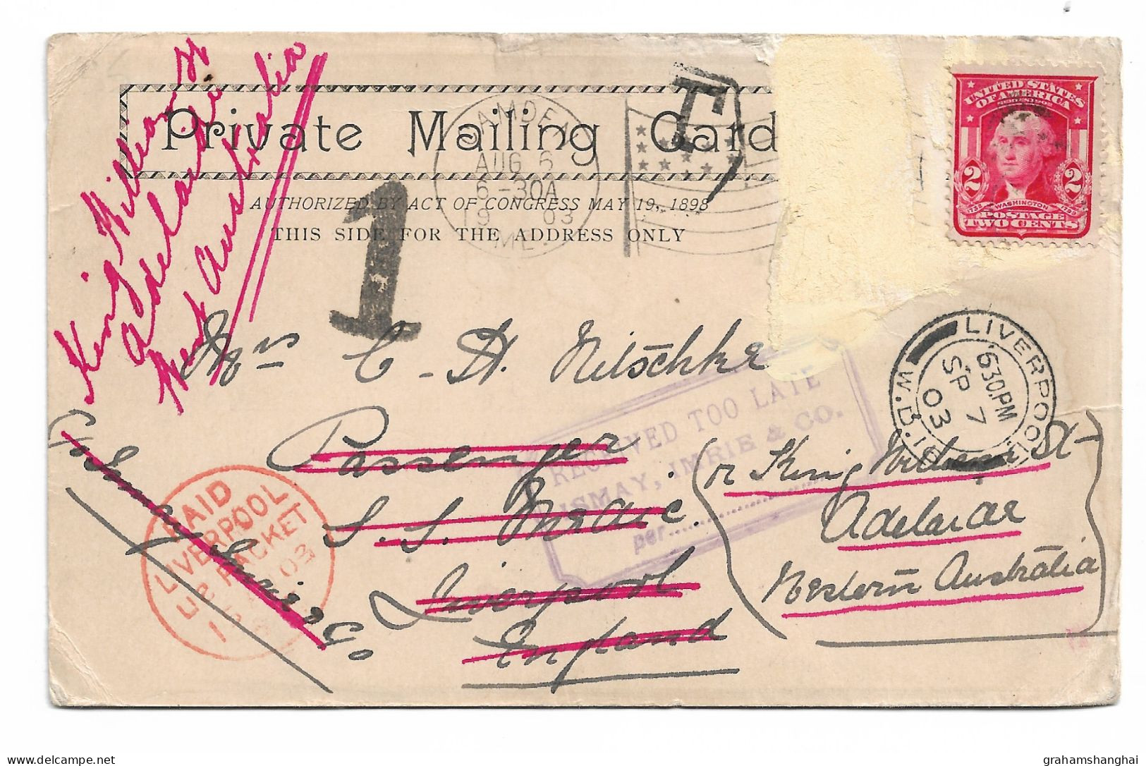 Postcard USA ME Maine Camden Undivided Back Posted 1903 To Liverpool To White Star Line Passenger Nitschke "too Late" - Sonstige & Ohne Zuordnung