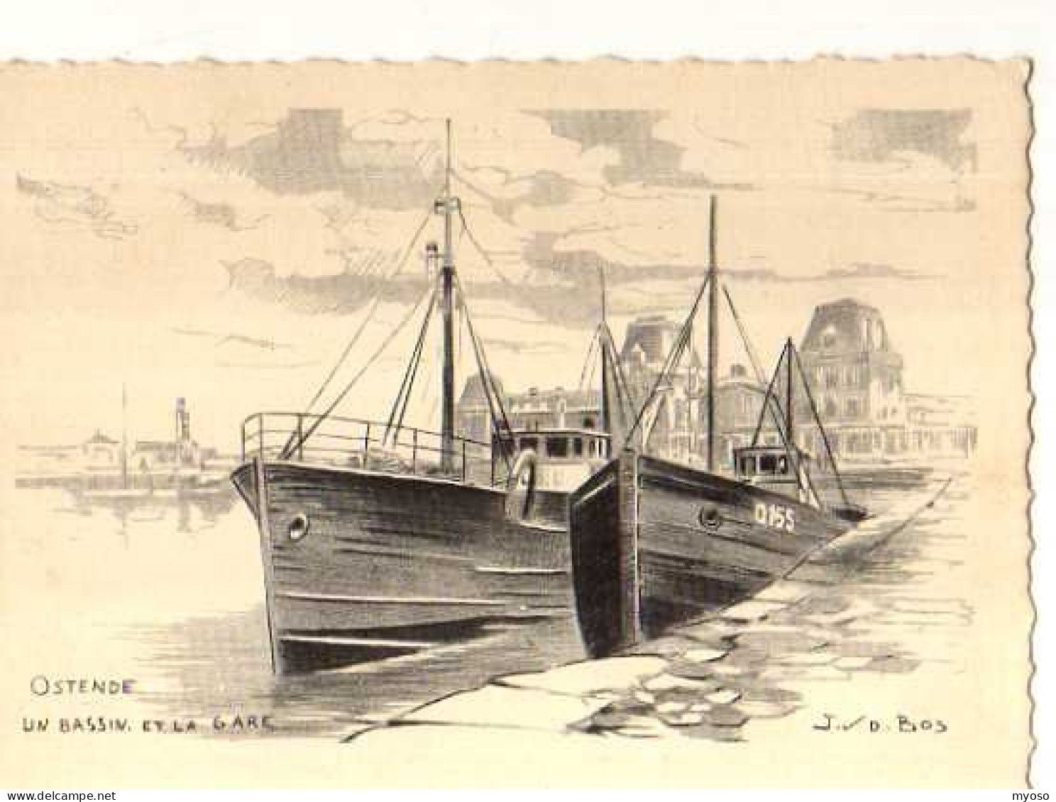 Belgique OSTENDE Un Bassin Et La Gare, Illustrateur Bos, Bateaux - Denemarken