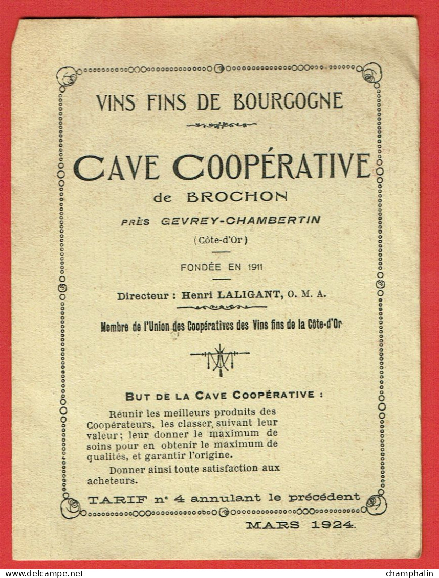 Dépliant Cave Coopérative De Brochon (21) - Tarifs Des Vins De La Récolte 1919 - Mars 1924 - Bourgogne Gevrey-Chambertin - Landwirtschaft