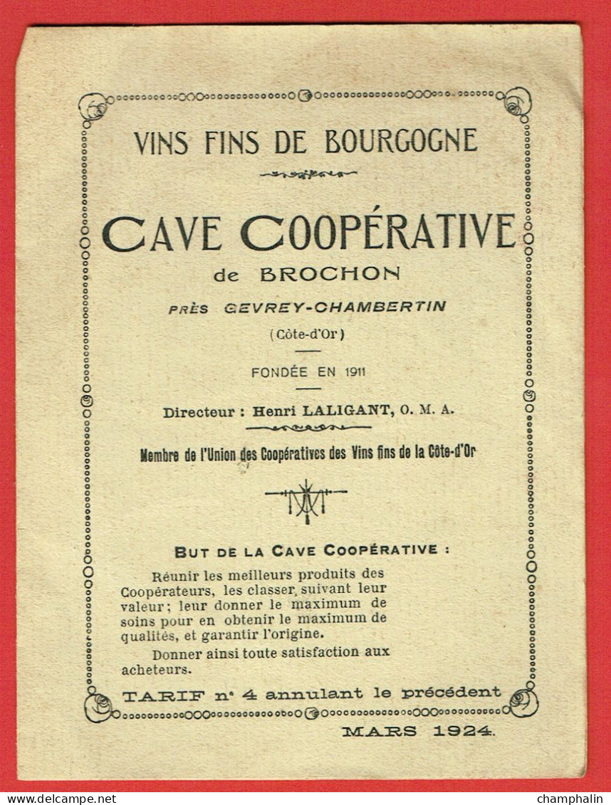 Dépliant Cave Coopérative De Brochon (21) - Tarifs Des Vins De La Récolte 1919 - Mars 1924 - Bourgogne Gevrey-Chambertin - Agricultura