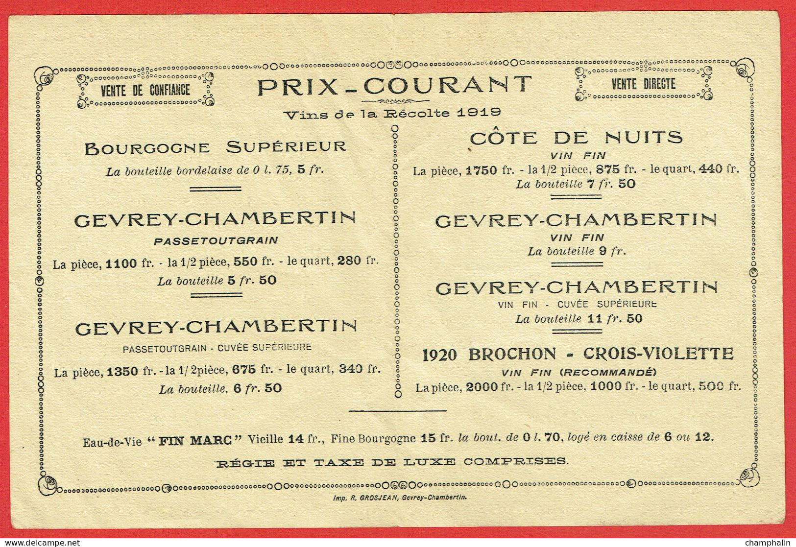 Dépliant Cave Coopérative De Brochon (21) - Tarifs Des Vins De La Récolte 1919 - Mars 1924 - Bourgogne Gevrey-Chambertin - Agriculture