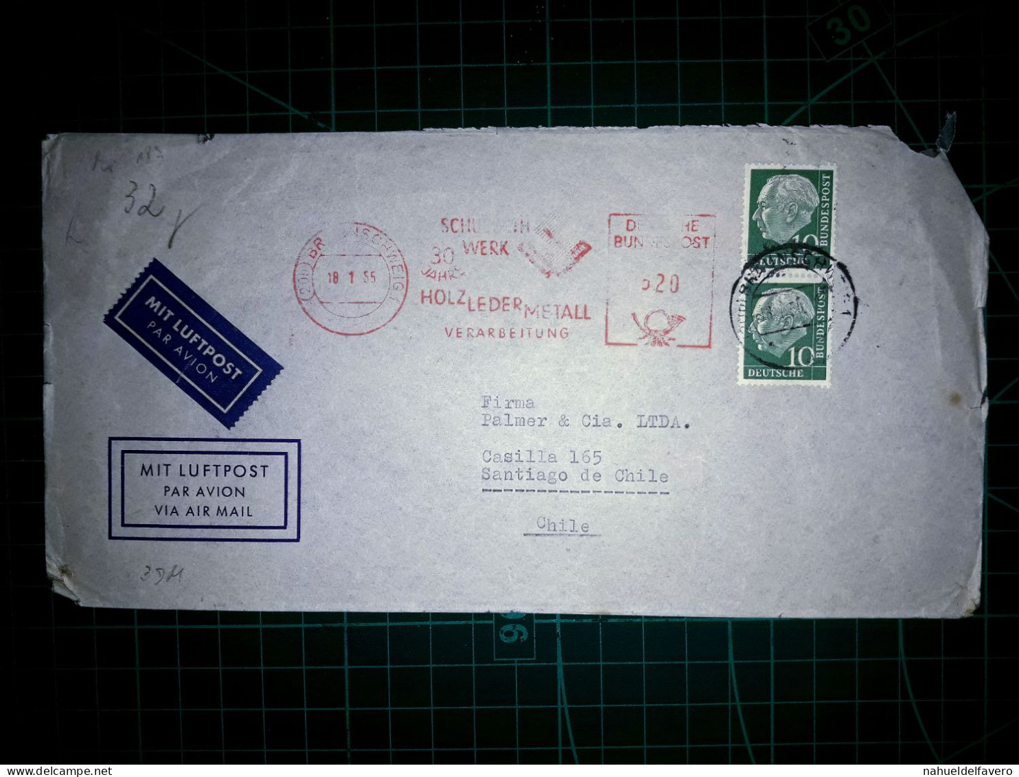 ALLEMAGNE, Enveloppe "Par Avion" Envoyée à Santiago Du Chili, Avec Envoi Mécanique. Année 1955 - Gebruikt
