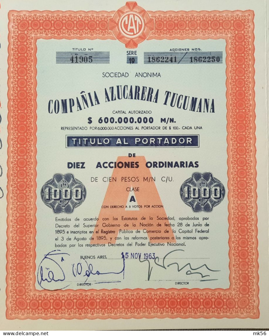 Compania Azucarera Tucumana -tit.al Port. De 10 Acc.ord. (1963) - Buenos Aires - Agricoltura