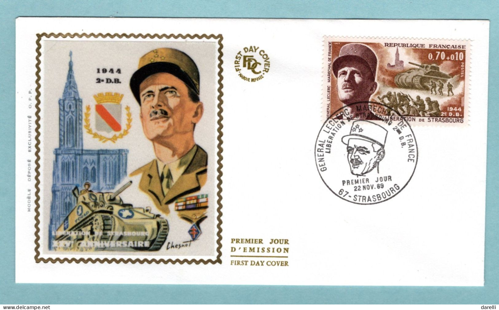 FDC France 1969 - Général Leclerc - Libération De Strasbourg - YT 1608 - 67 Strasbourg (soie) - 1960-1969