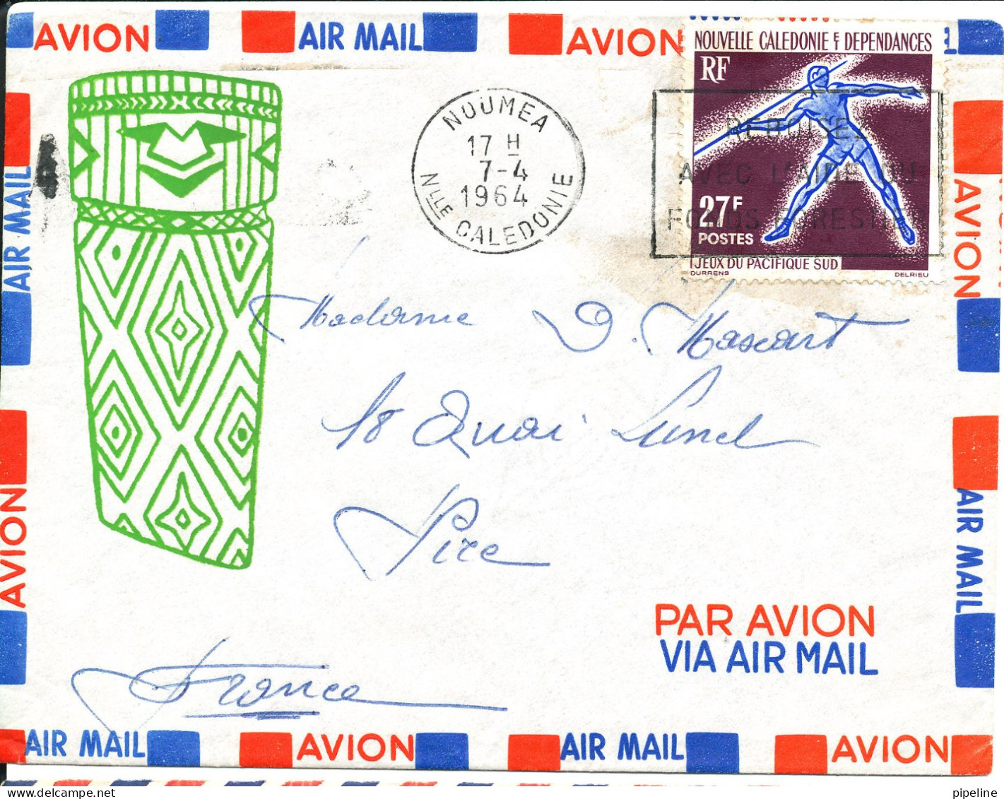 New Caledonia Air Mail Cover Sent To France 7-4-1964 Single Franked - Covers & Documents