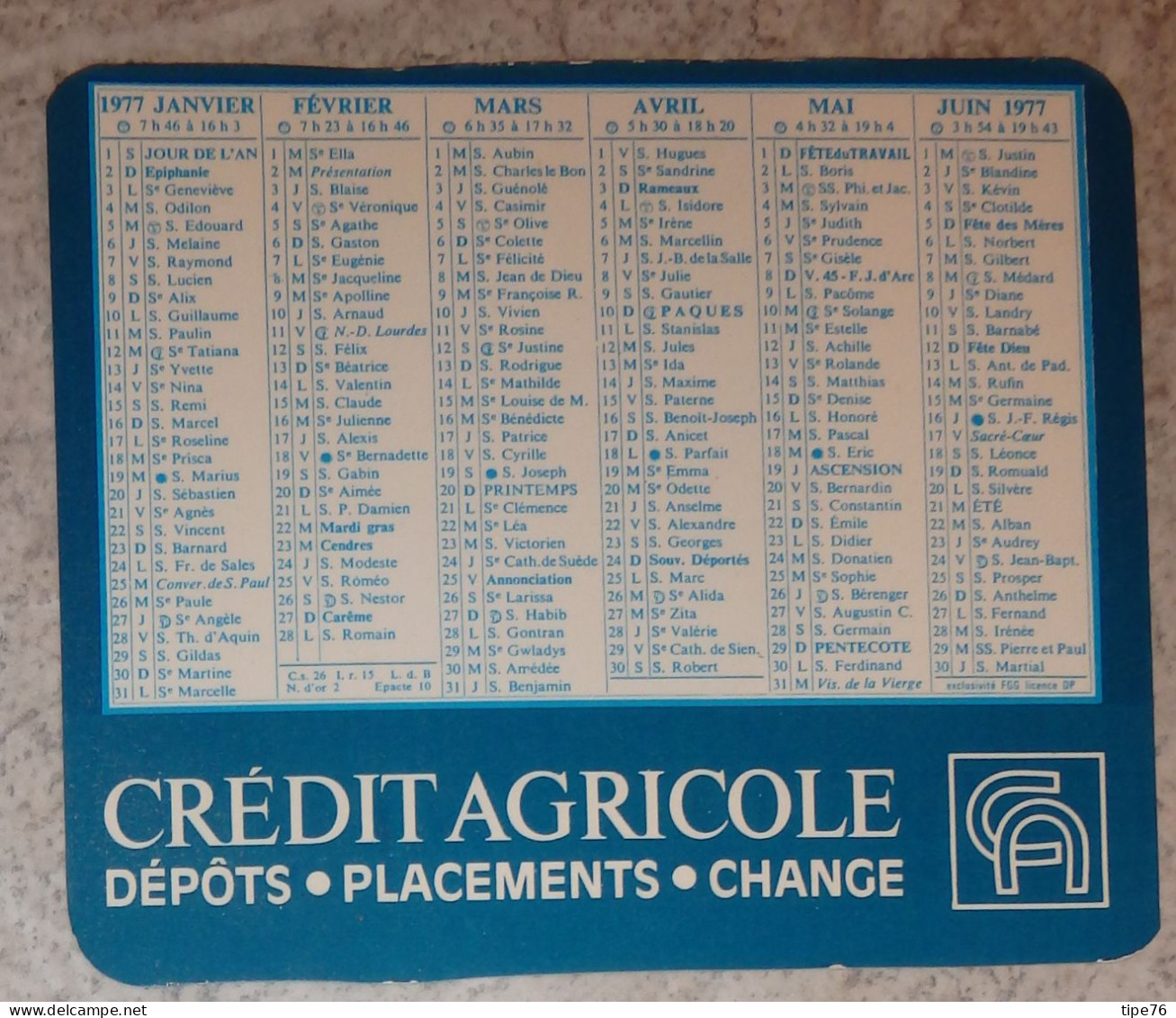 Petit Calendrier De Poche 1977 Banque Crédit Agricole - Petit Format : 1971-80