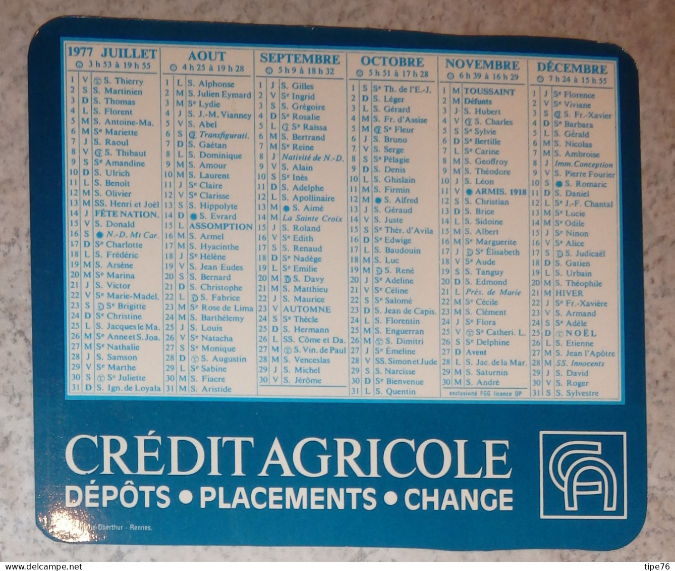 Petit Calendrier De Poche 1977 Banque Crédit Agricole - Petit Format : 1971-80