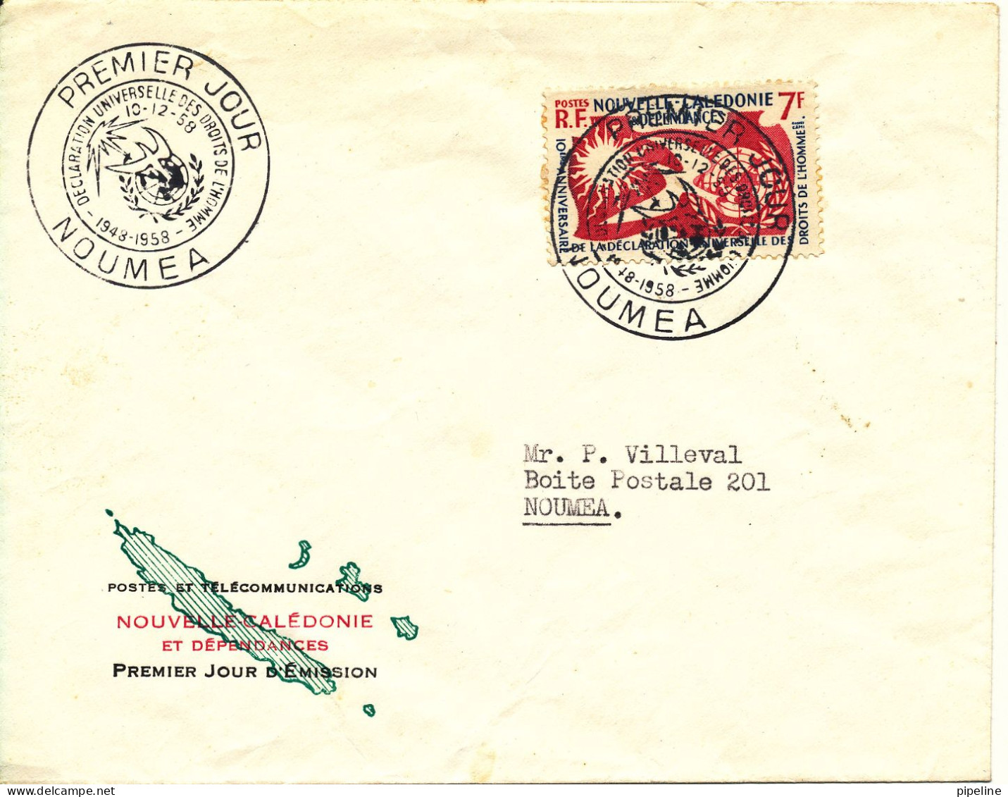 New Caledonia FDC 10-12-1958 Human Rights With Cachet And Address - FDC