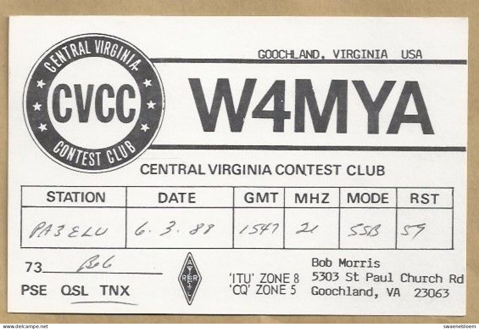 US.- QSL KAART. CARD. W4MYA. BOB MORRIS, GOOCHLAND, CENTRAL VIRGINIA CONTEST CLUB, U.S.A..CVCC.. - Amateurfunk