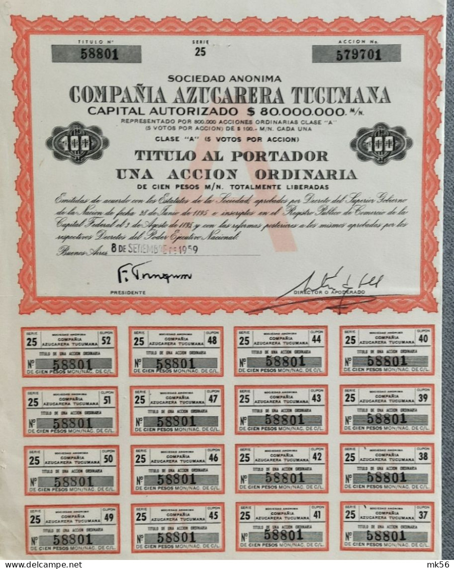 Compania Azucarera Tucumana -1959 - Buenos Aires - Una Accion Ordinaria - Agricoltura