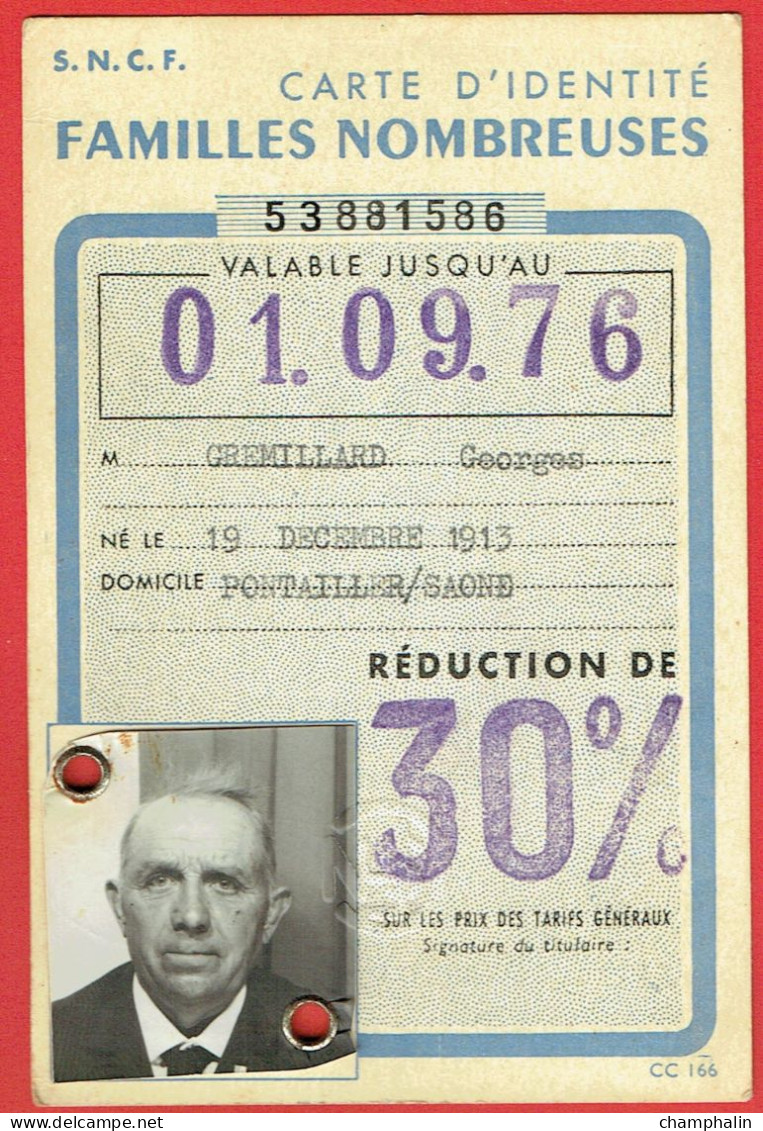 SNCF - Carte D'Identité Familles Nombreuses - Année 1970 Pontailler-sur-Saône (21) - Otros & Sin Clasificación