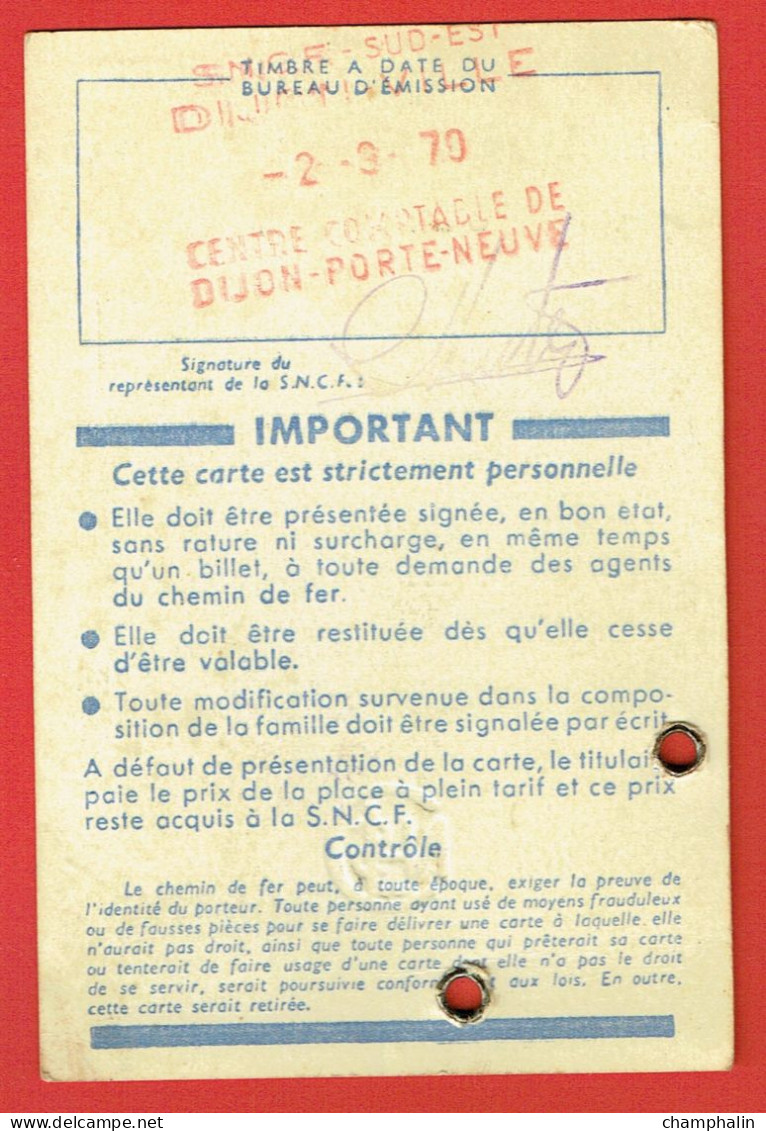 SNCF - Carte D'Identité Familles Nombreuses - Année 1970 Pontailler-sur-Saône (21) - Other & Unclassified