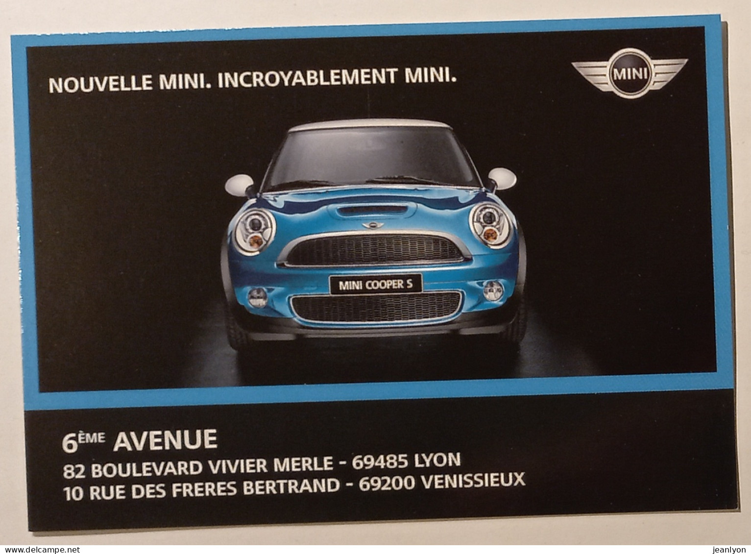 VOITURE MINI COOPER S - Automobile Vue De Face / Bleue - Carte Publicitaire Concession 6e Avenue Lyon Vénissieux  - Voitures De Tourisme