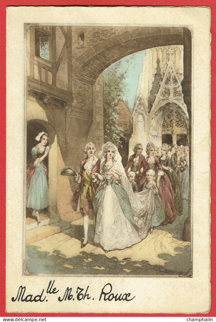 Menu De Mariage Manuscrit Sur Carton Avec Personnages Costumes XVIIIème Siècle - Sans Lieu Ni Date - Menükarten