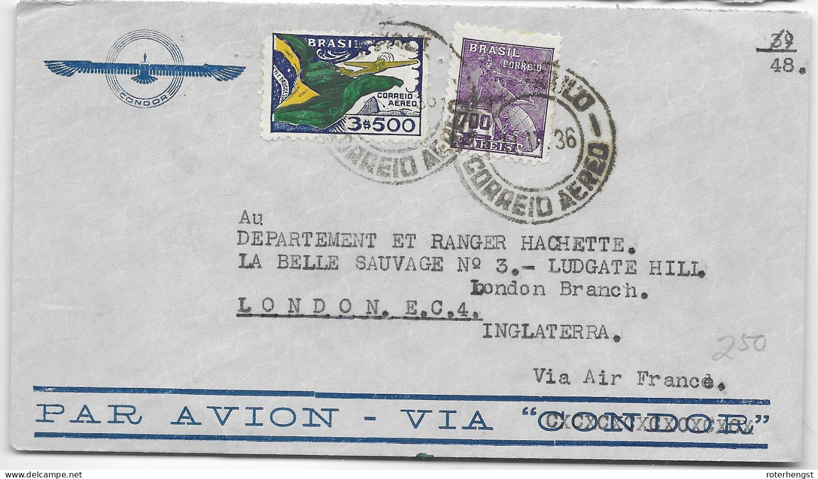 Brazil Airmail To London 1936 Via Condor With Strike Because Air France - Storia Postale