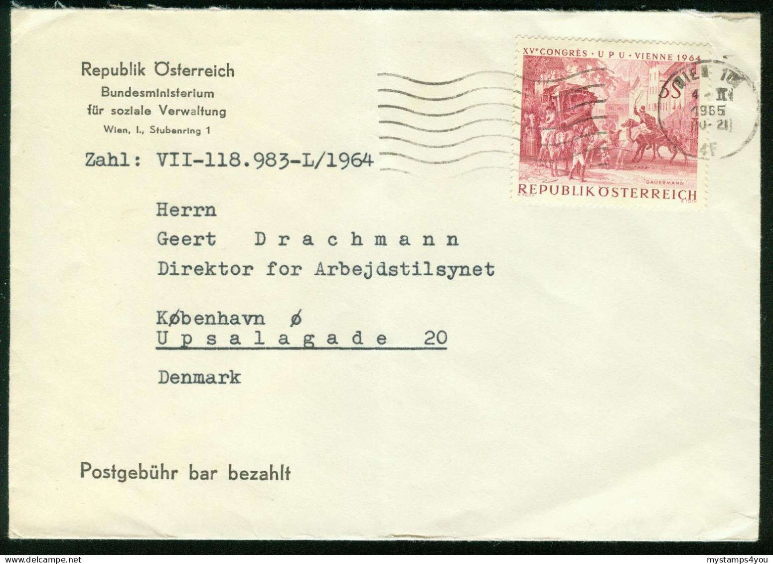 Br Austria, Wien 1965 Cover > Denmark (Bundesministerium Für Soziale Verwaltung) #bel-1038 - Cartas & Documentos