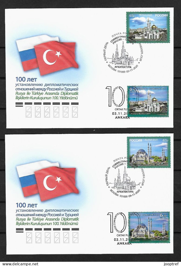 RARE 2020 Joint Russia And Turkey, SET OF 2 MIXED FDC'S WITH 1+1 STAMPS: Mosques - Emissioni Congiunte