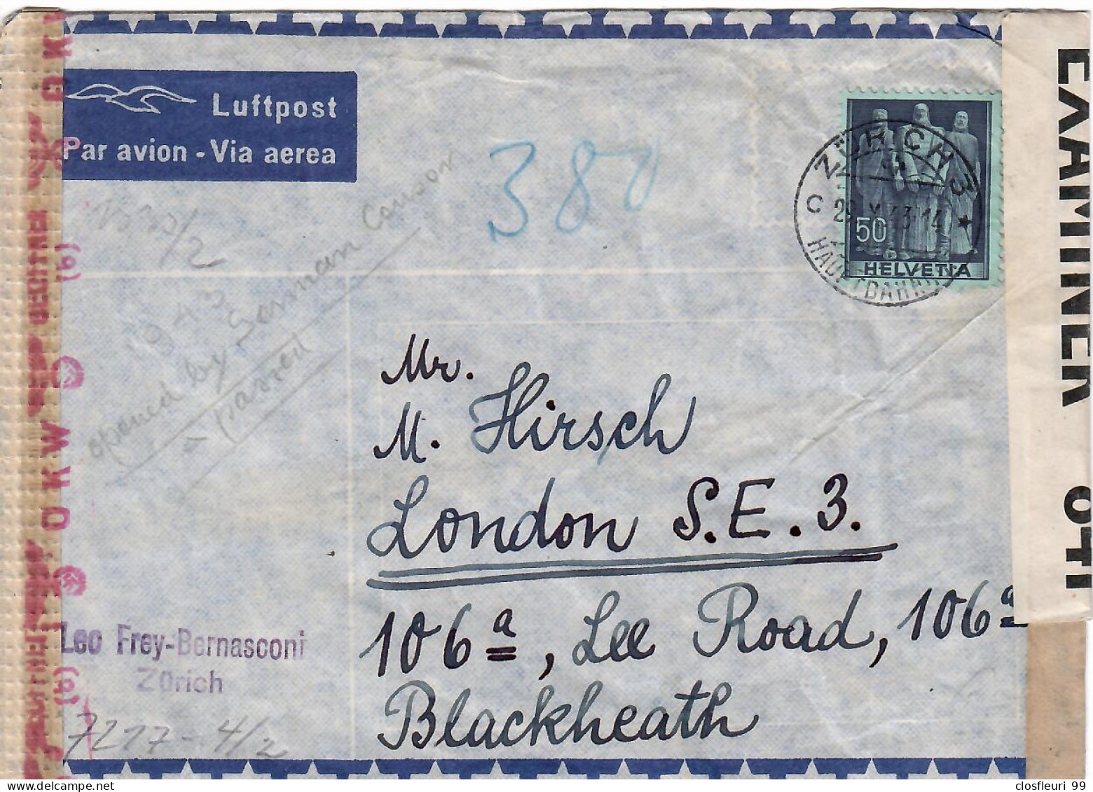 Opened By Service Censor Passed  OKW Zurich / London 841 / 29.X.1943 - Postmark Collection