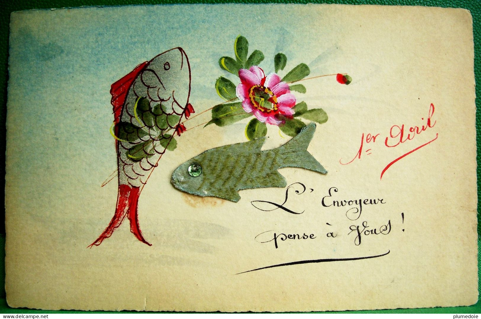 CPA  PRECURSEUR 1er AVRIL, Peinte Main + POISSON Velours Argenté , 1905 , Hand Painted FISHES & FLOWERS.  EARLY PC - 1er Avril - Poisson D'avril