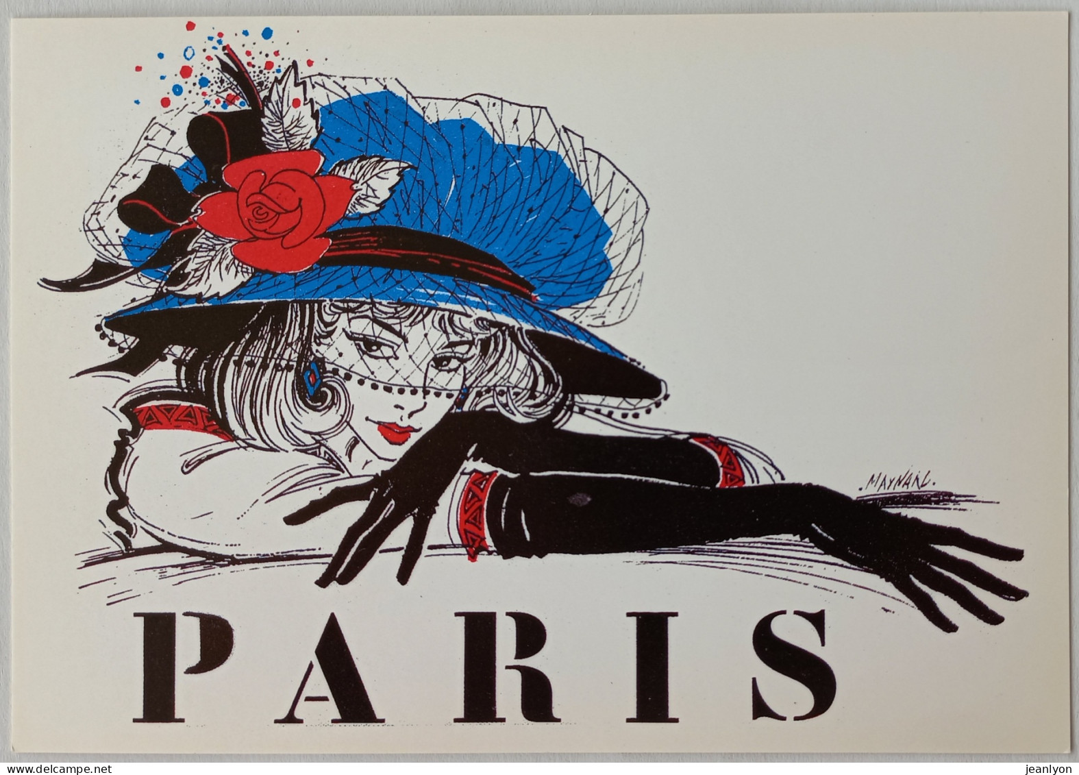 FEMME SEXY / MODE - Chapeau Bleu Fleur Rouge / Gant Noir - Maquillage Rouge - Illustrateur Guy MAYNARD - Carte Postale - Fashion