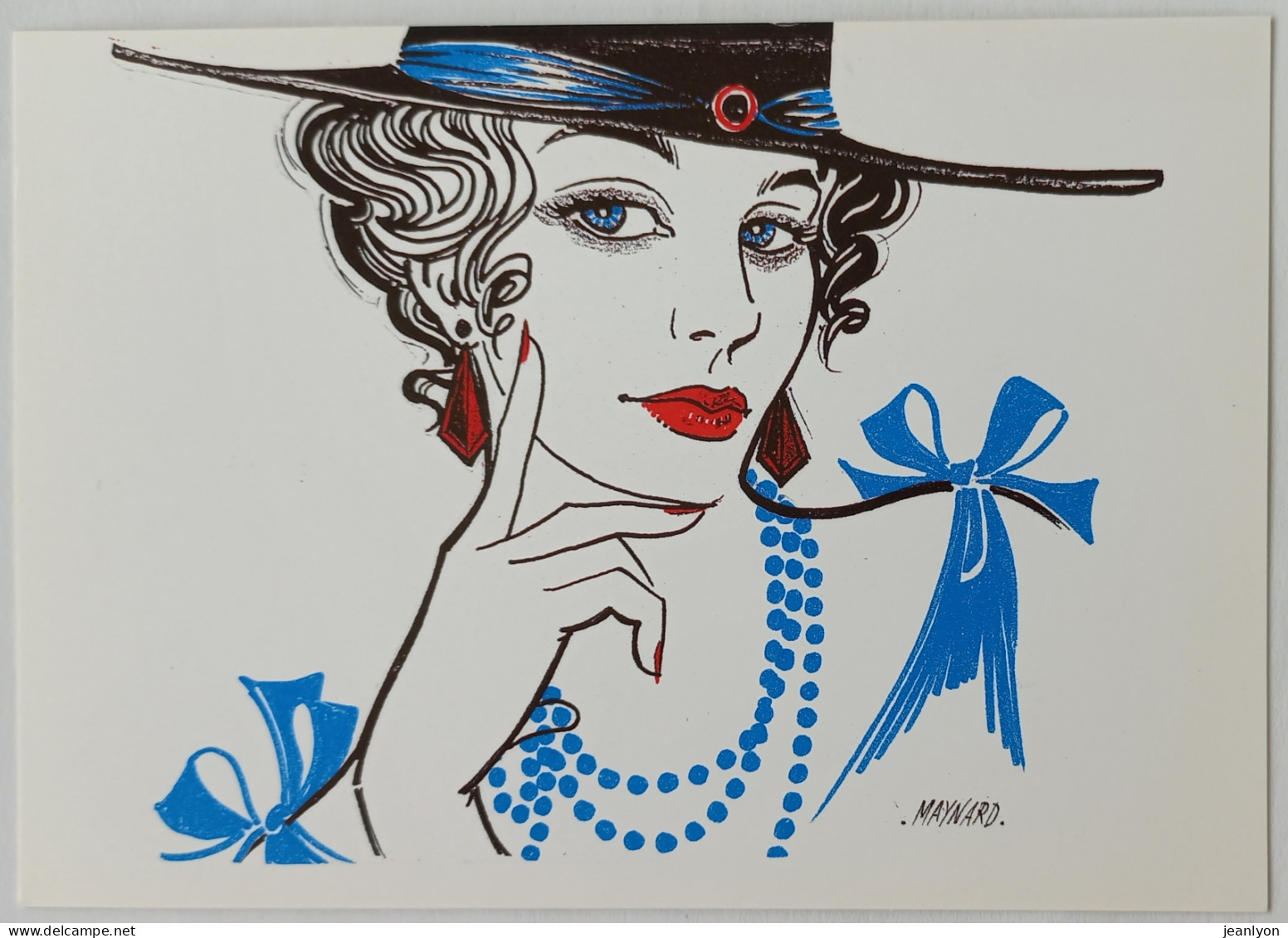 FEMME SEXY / MODE - Visage Levres Maquillage Rouge - Collier Bleu - Illustrateur Guy MAYNARD - Carte Postale - Pin-Ups