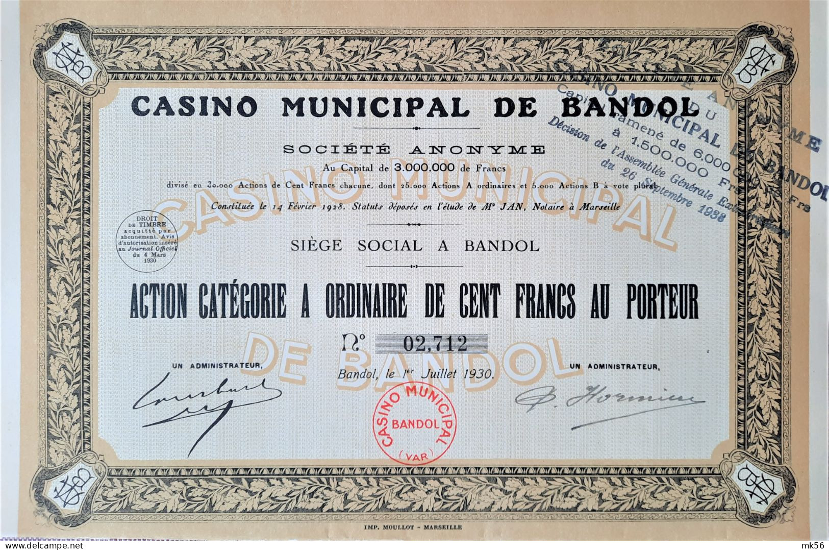 Casino Municipal De Bandol - 1930 - Action Cat. A - Casinos