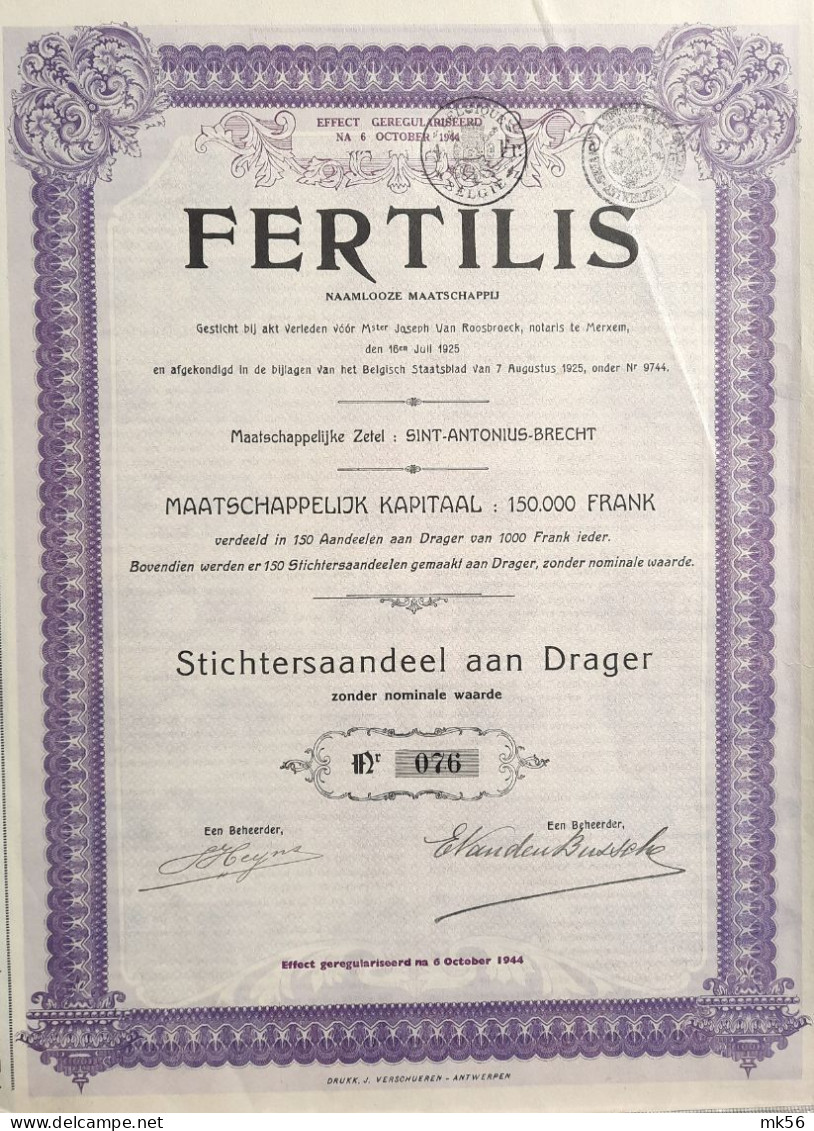 Fertilis - 1925 - Sint-Antonius-Brecht - Stichtersaandeel Aan Drager - Landwirtschaft