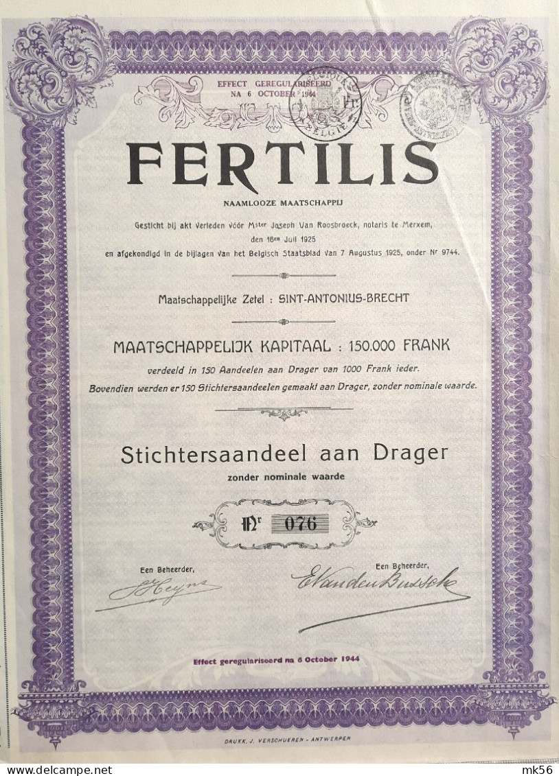 Fertilis - 1925 - Sint-Antonius-Brecht - Stichtersaandeel Aan Drager - Landbouw