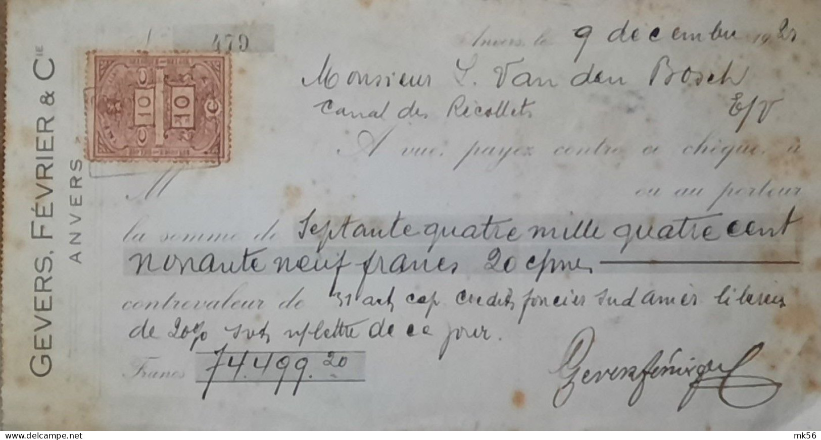 Cheque Gevers, Février Et Cie - à M. L. Van Den Bosch - Anvers 9,12,1921 - Cheques & Traveler's Cheques