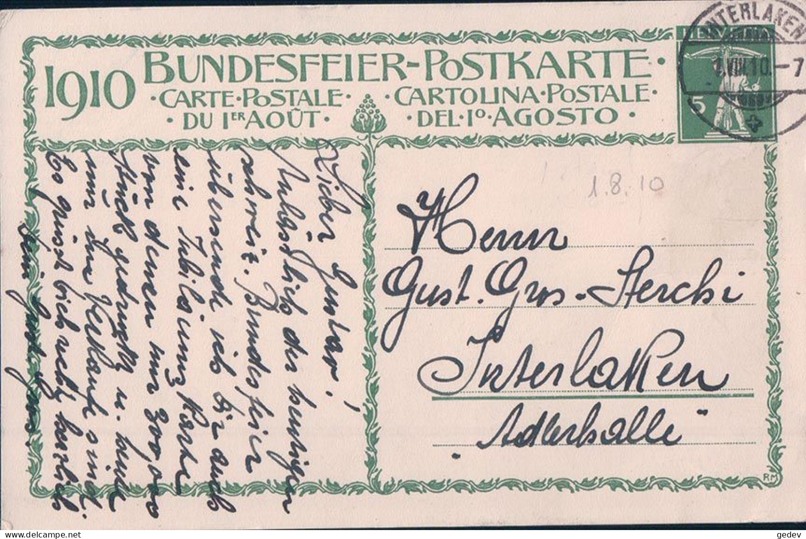 Carte Fête Nationale 1910 Circulée, Wächter Der Heimat, Interlaken 1.XIII.1910 - Brieven En Documenten