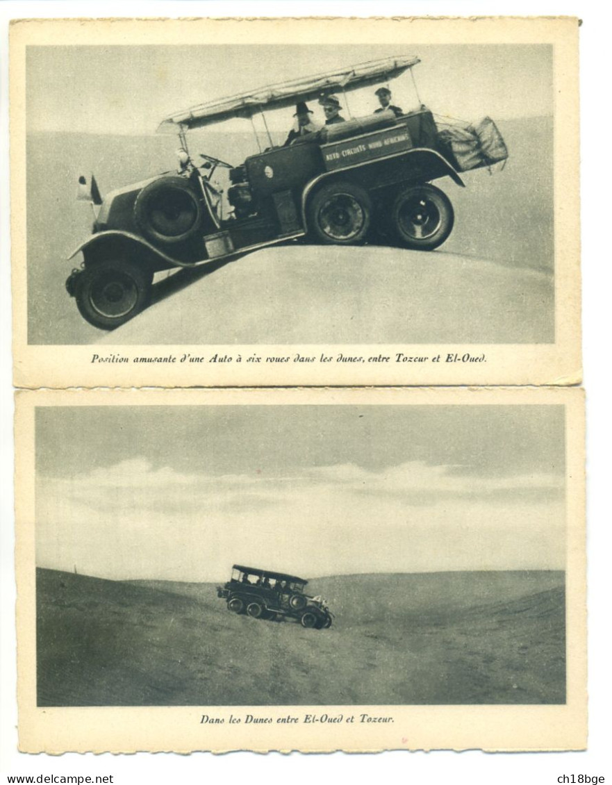 Lot 2 CPA Automobiles Auto Voiture Renault à 6 Roues Dans Le Désert Algérien, Dans Les Dunes Entre Tozeur Et El-Oued - Verzamelingen & Kavels