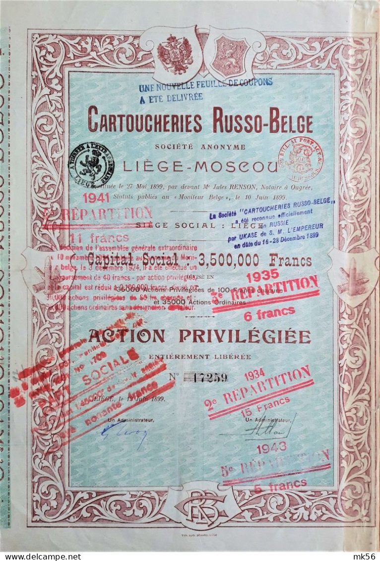 S.A. Cartoucheries Russo-Belge (Liege-Moscou)  1899 - Action Priviligiée - Rusia