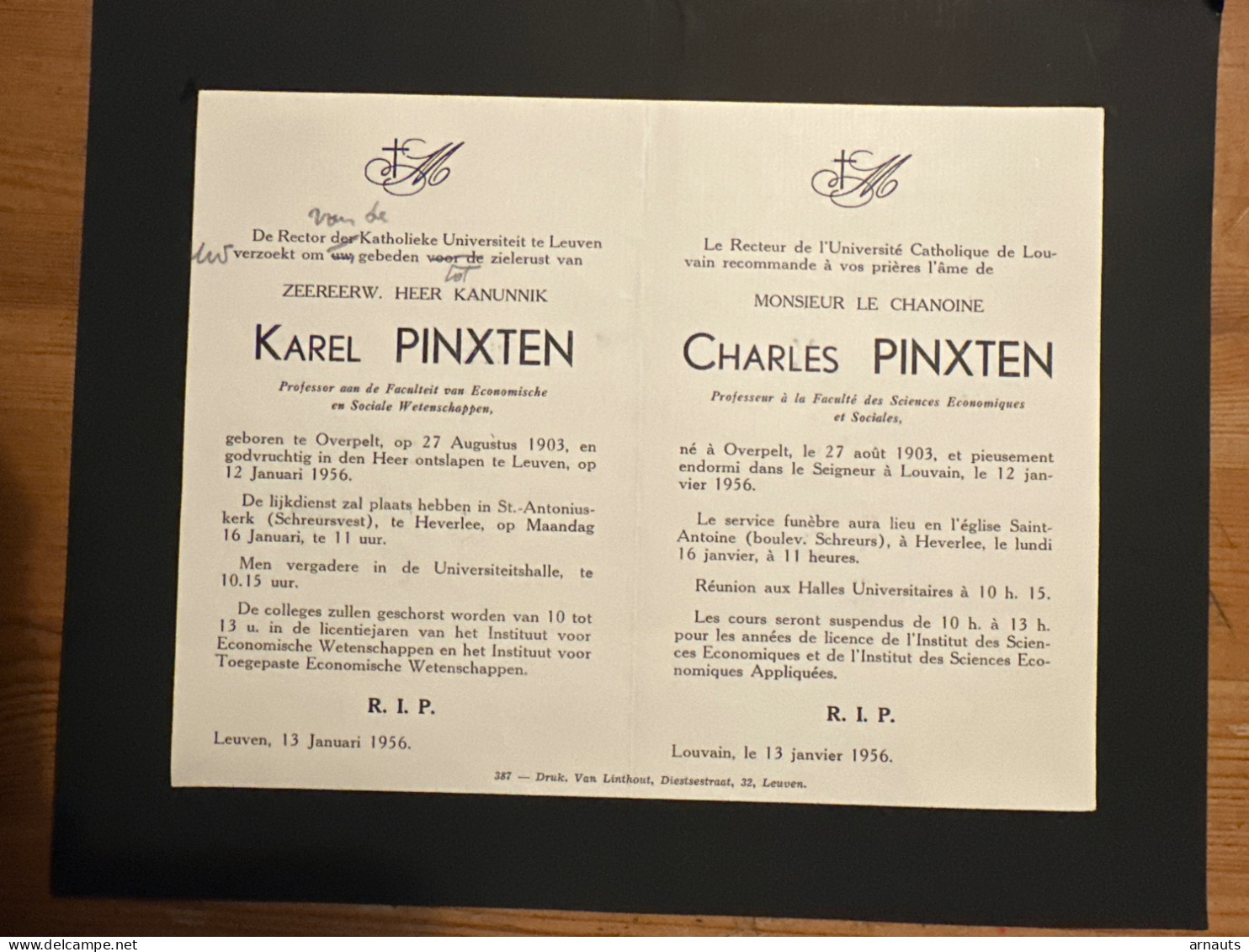 Rector Verzoekt Uw Gebed Voor Kanunnik Karel Pinxten *1903 Overpelt +1956 Leuven Professor Economische Wetenschappen - Esquela