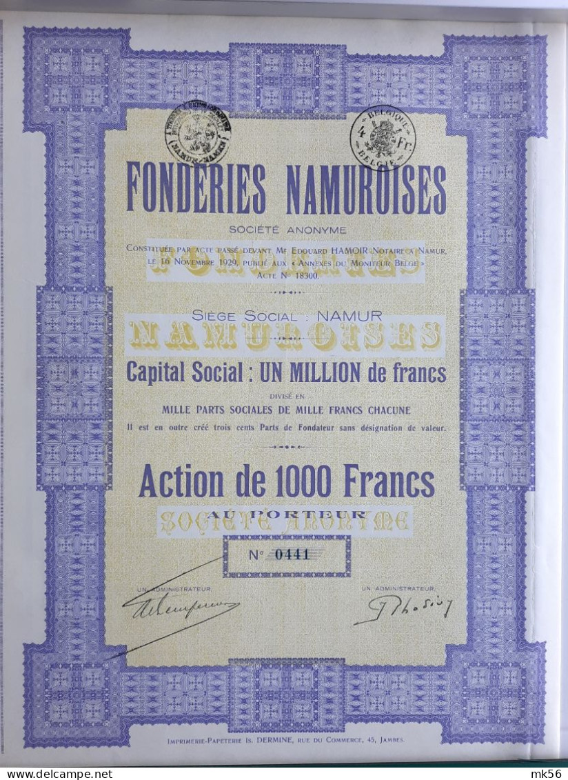 Fonderies Namuroises - Namur - 1929 - Action De 1000 Francs - Industry