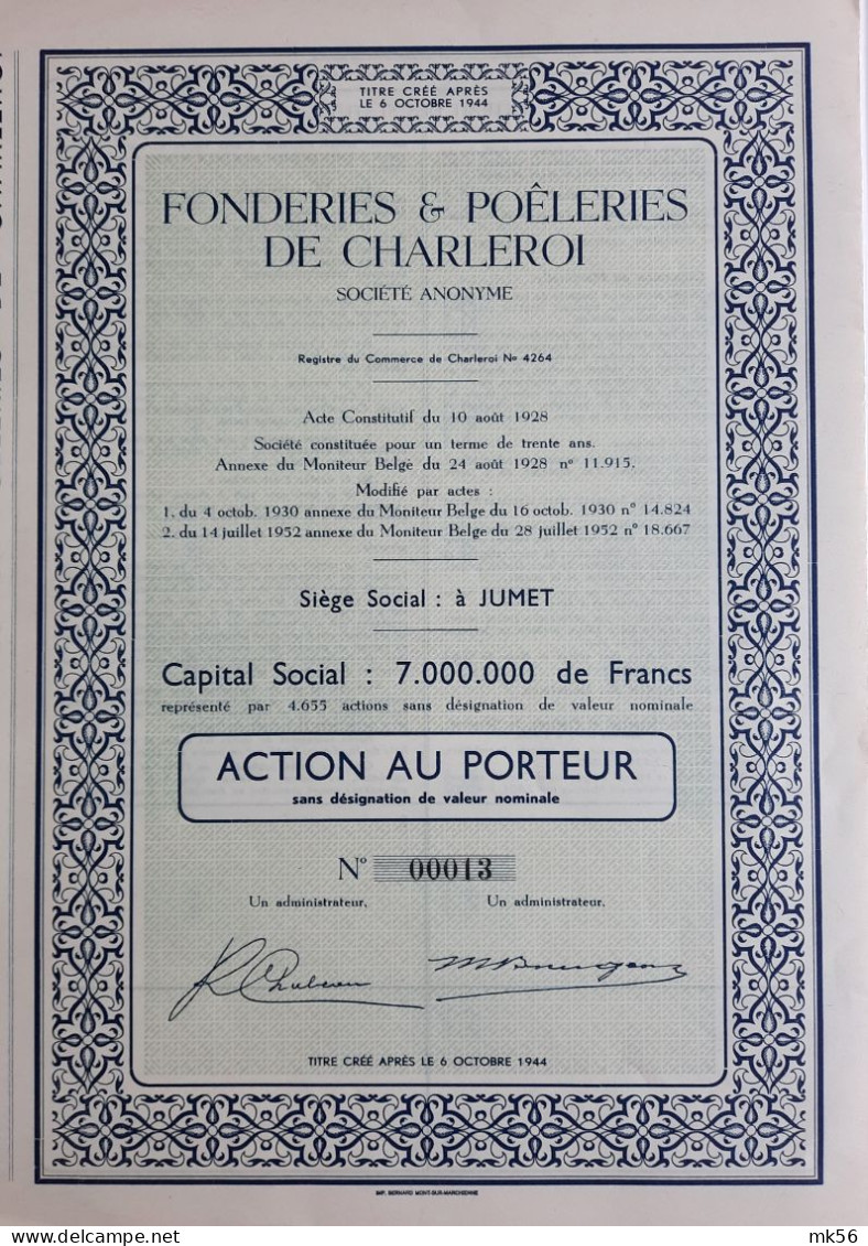 Fonderies & Poêleries De Charleroi  - 1952 - Action Au Porteur - Industry