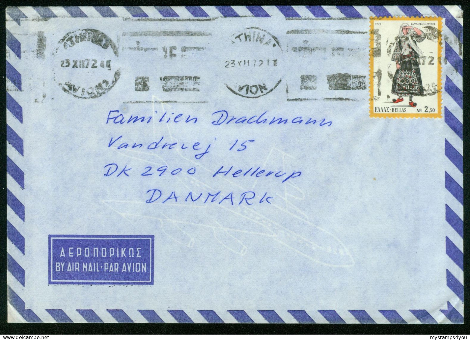 Br Greece, Athina 1972 Airmail Cover > Denmark #bel-1039 - Brieven En Documenten