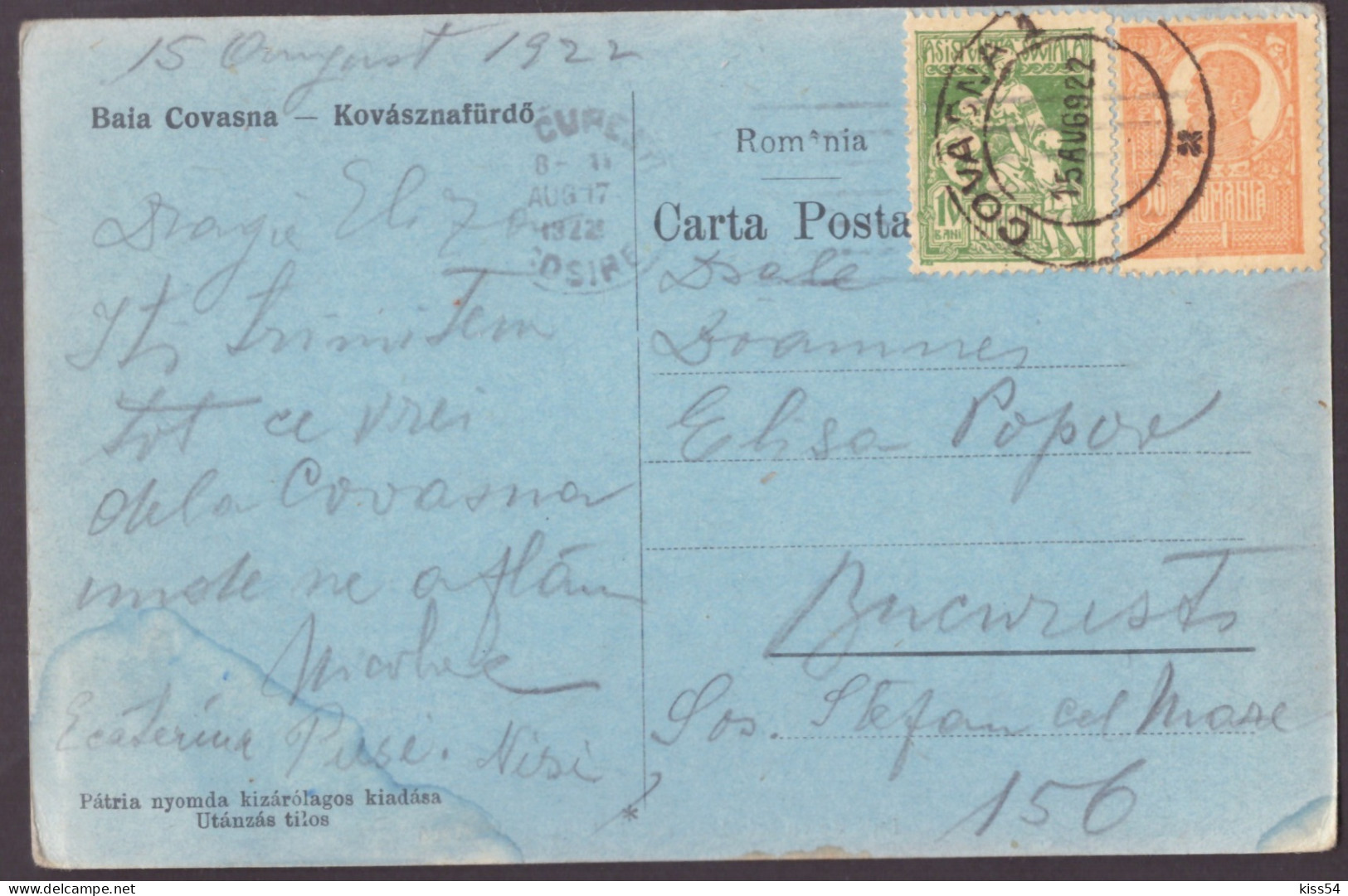 RO 33 - 24904 COVASNA, Baia De Cura, Romania - Old Postcard - Used - 1922 - Rumänien