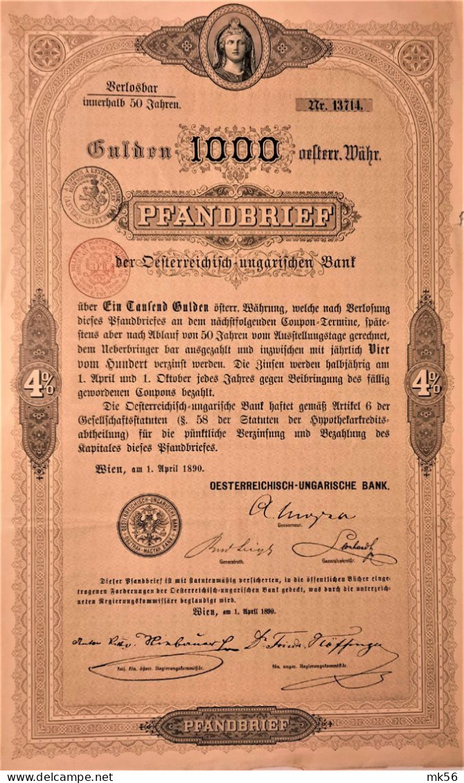 Osterreichisch-Ungarische Bank -Pfandbrief-1000 Gld-4% - Wien - 1890 !! - Bank En Verzekering