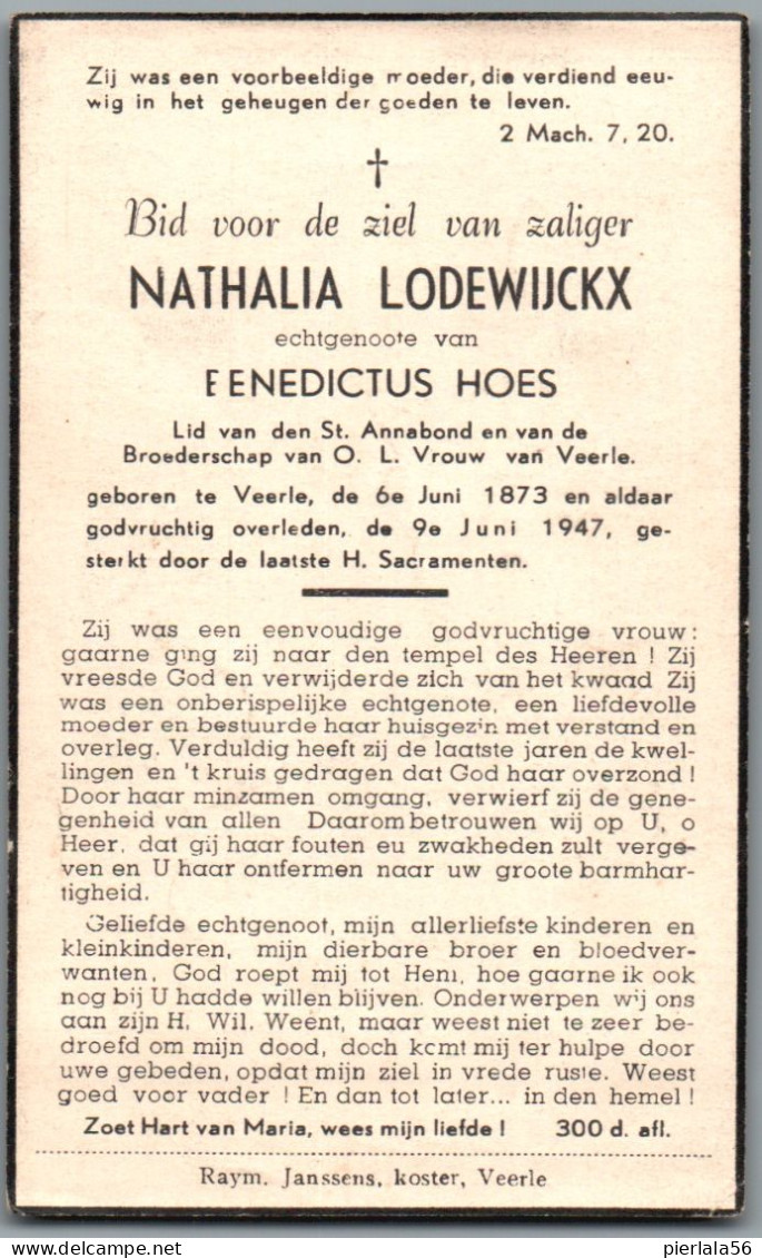 Bidprentje Veerle - Lodewijckx Nathalia (1873-1947) - Andachtsbilder