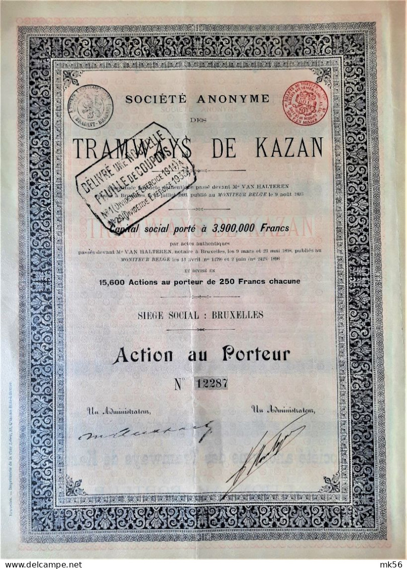 S.A. Des Tramways De Kazan - Action Au Porteur De 250 Fr - 1898 !! - Aardolie