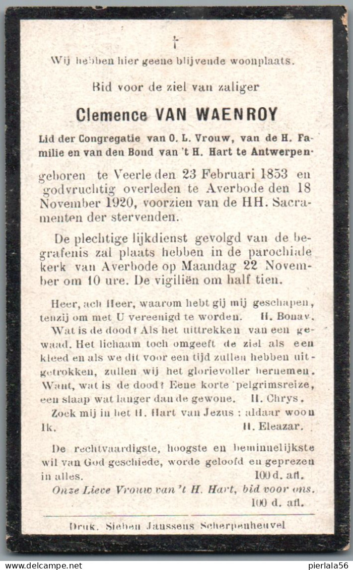 Bidprentje Veerle - Van Waenroy Clemence (1853-1920) - Andachtsbilder