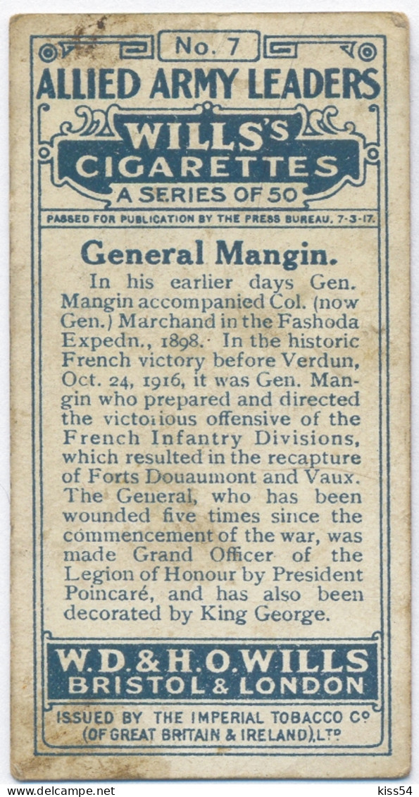 CT 3 - 7 FRANCE, General Charles Marie Emmanuel Mangin, Allied Army Leader - Old Wills's Cigarettes - 68/35 Mm - Wills