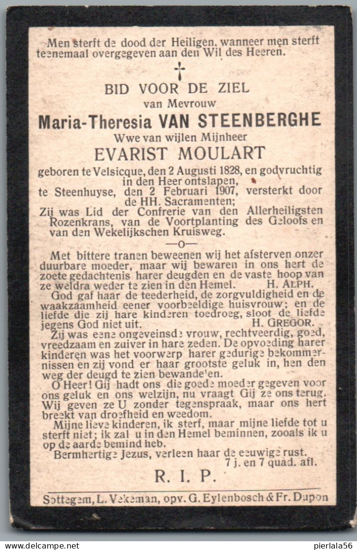 Bidprentje Velzeke - Van Steenberghe Maria Theresia (1828-1907) - Andachtsbilder