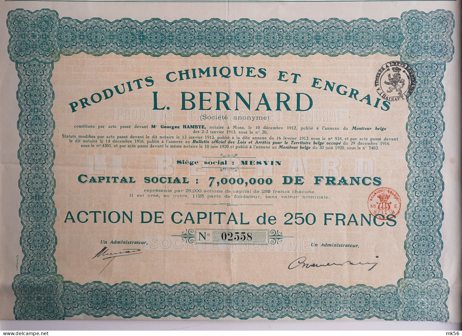 Produits Chimiques Et Engrais - L.Bernard - Mesvin - 1920 - Agricoltura