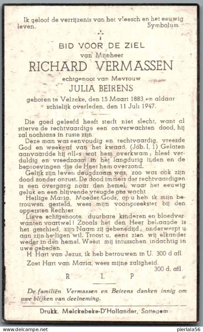 Bidprentje Velzeke - Vermassen Richard (1883-1947) - Andachtsbilder